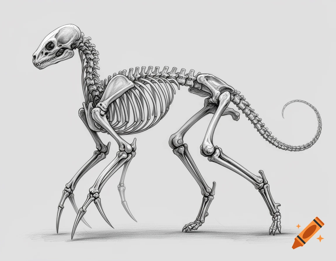 Detailed pencil sketch of a fictional digitigrade creature's skeleton with complex knee joints and a coiled tail.