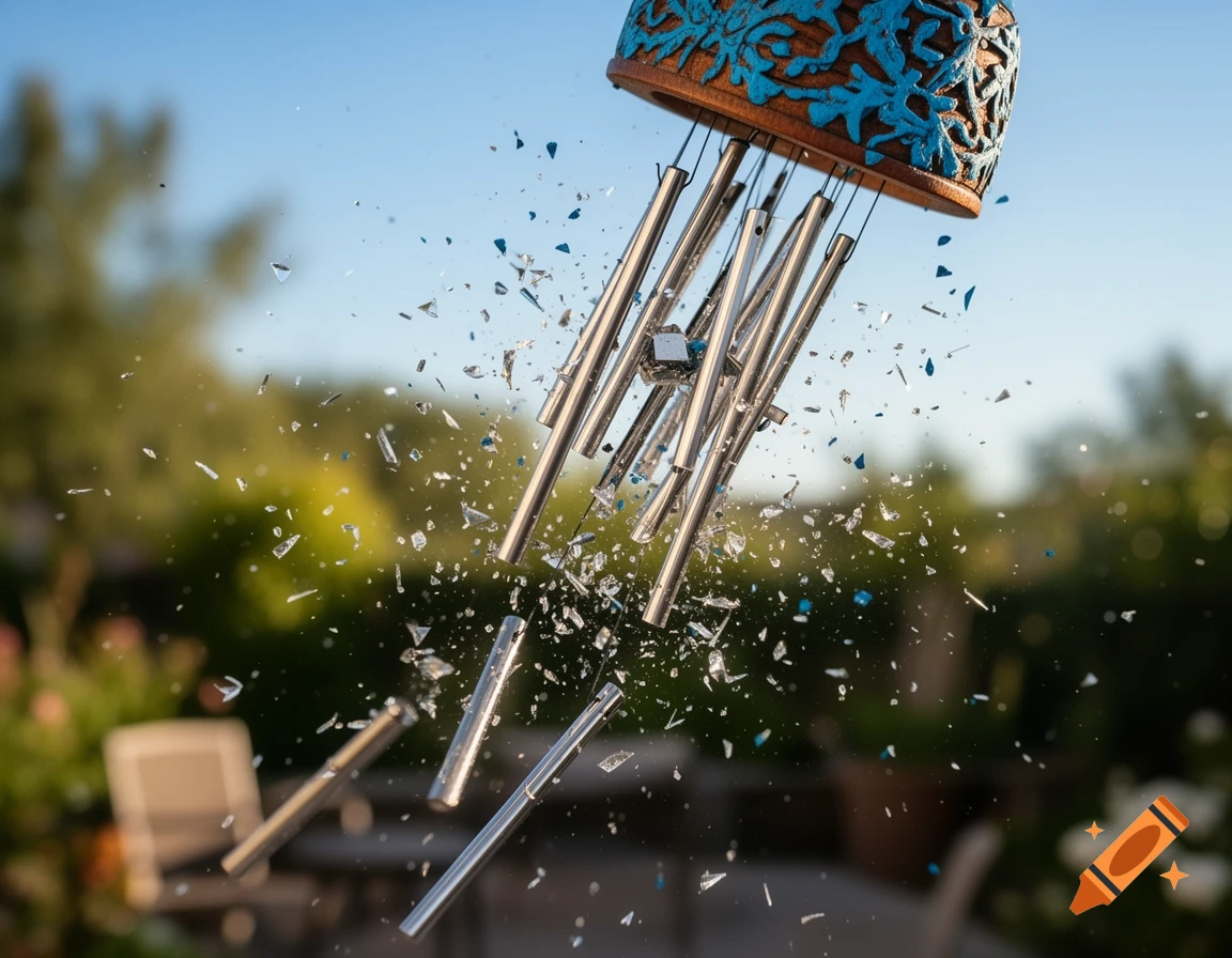 A windchime with a blue carved top is exploding outdoors, with many silver and blue pieces flying through the air.