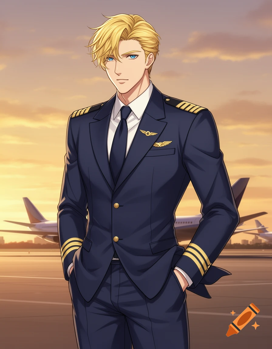 A handsome blond anime-style male pilot with blue eyes in a dark blue uniform stands on an airport tarmac at sunset, with airplanes in the background.
