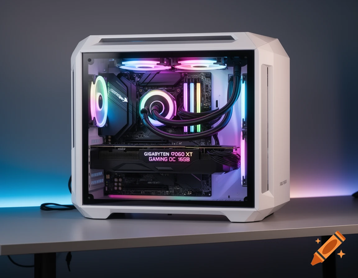 A white gaming PC with colorful RGB lighting inside, sitting on a gray desk.