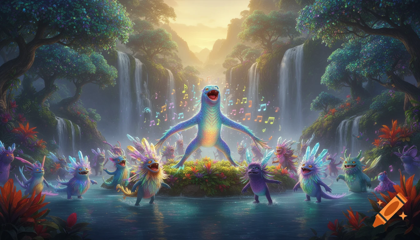 Colorful, whimsical monsters sing amidst waterfalls and lush jungle foliage at sunrise, with musical notes floating around.