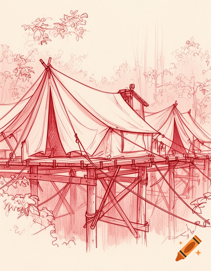 Red line sketch of several tents on elevated wooden platforms surrounded by foliage.