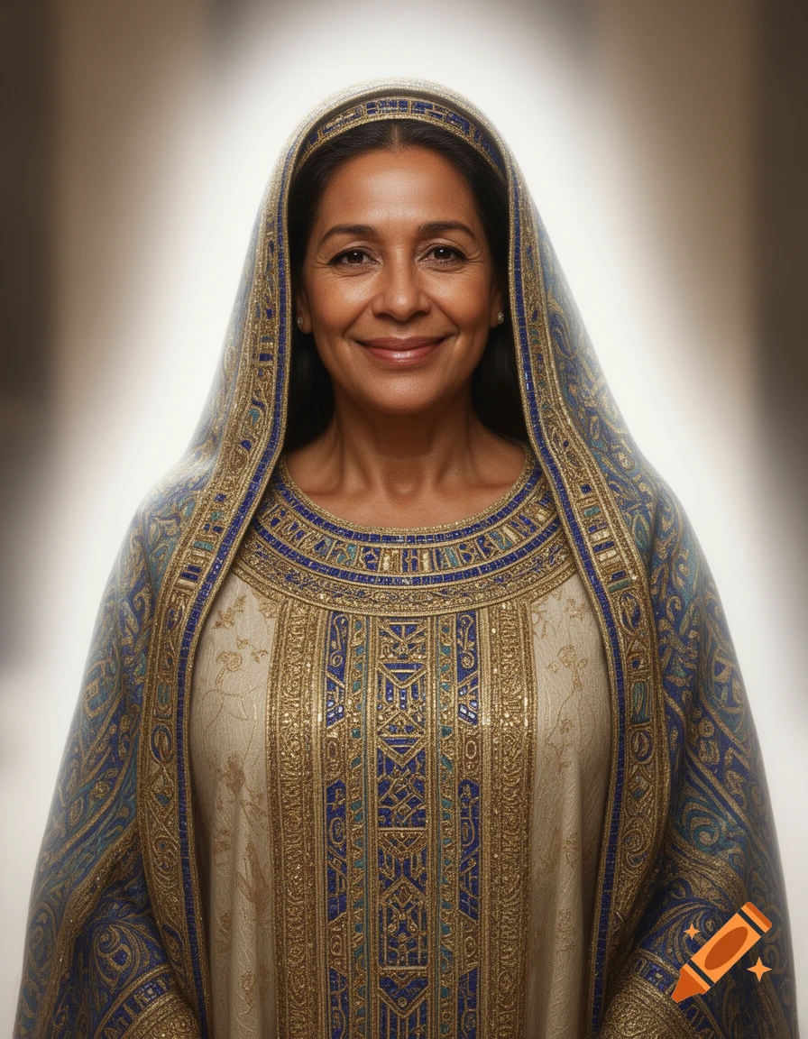 A hyper-realistic portrait of a smiling woman with dark skin wearing ornate blue and gold Egyptian robes and head covering, bathed in soft white light.