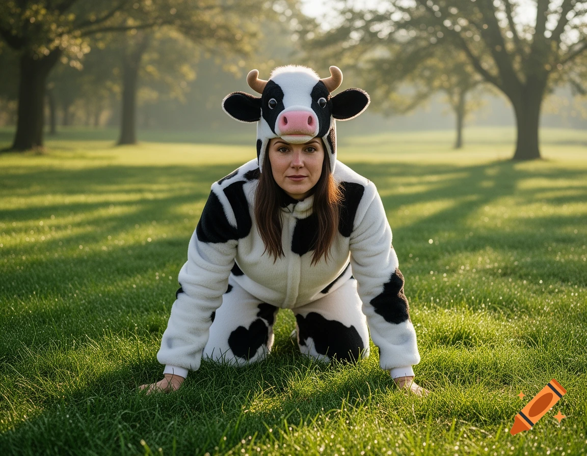 A woman in a black and white cow costume crawls on lush green grass in a sunny park.