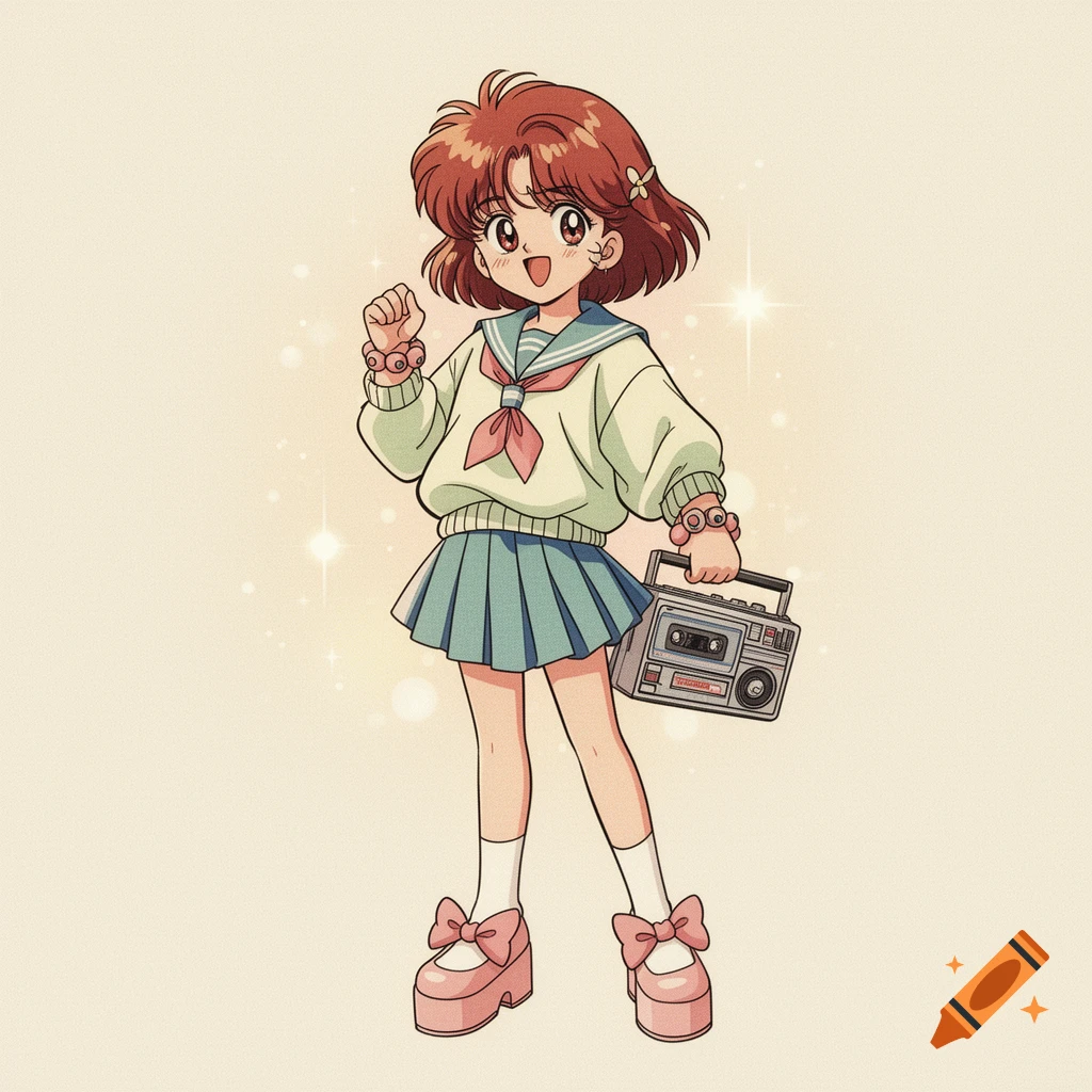 A smiling 90s anime girl with brown hair, wearing a white sweater, blue pleated skirt, and pink shoes with bows, holding a boombox.