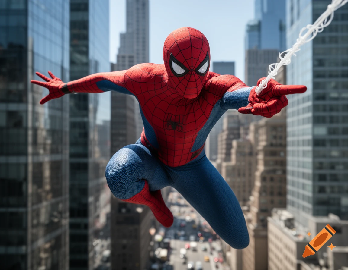 Photorealistic image of Spider-Man swinging through a city, launching a web from his hand with tall skyscrapers in the background.
