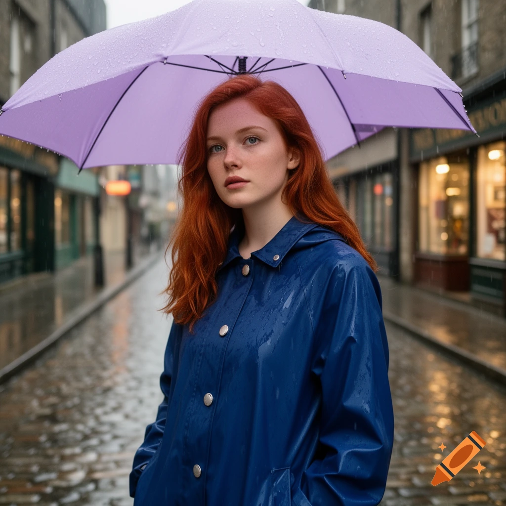 A woman with red hair wearing a blue raincoat stands under a purple umbrella on a wet, cobblestone street in the rain.