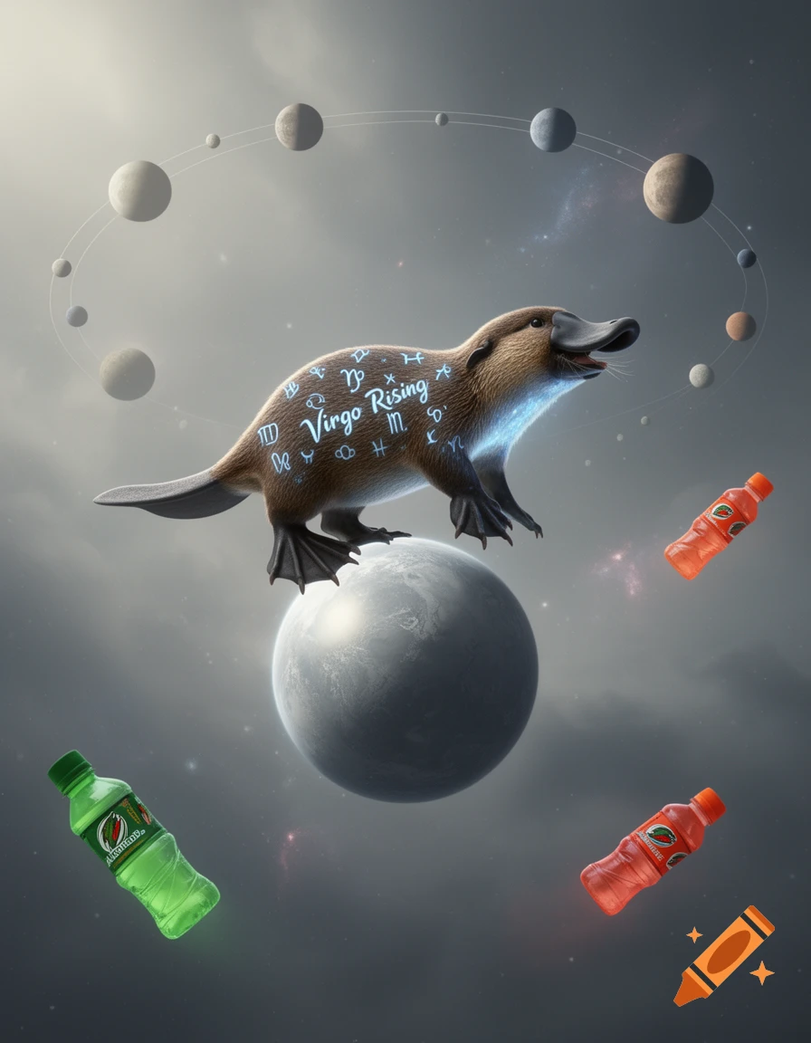 A photorealistic platypus with glowing zodiac symbols and "Virgo Rising" text stands on a moon in space, surrounded by planets and floating Gatorade bottles.