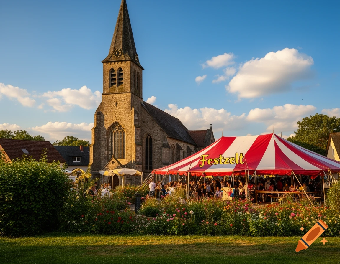A stone church with a tall steeple stands next to a large red and white striped festival tent filled with people, surrounded by gardens under a blue sky.