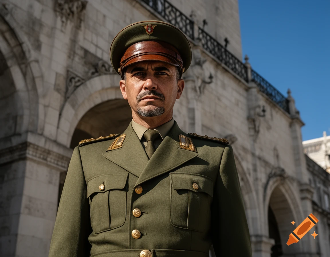 A serious man in a green military uniform and officer's cap, with a mustache and goatee, stands in front of a stone building under a blue sky.