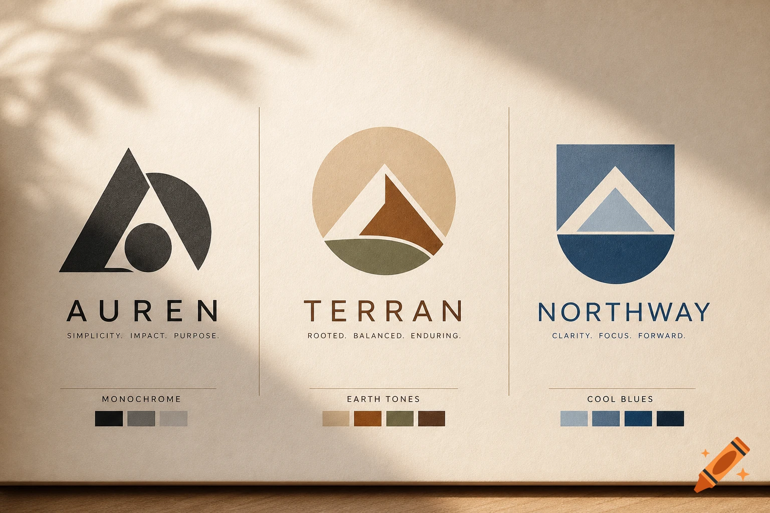 Three modern logo designs on a textured paper background. Each includes a geometric logo, brand name, tagline, and color palette.
