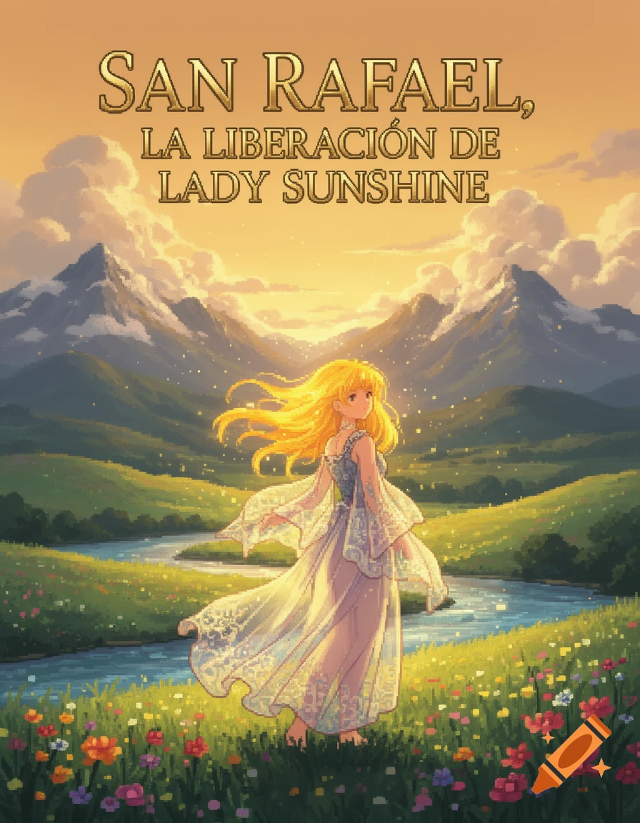 Anime girl with long blonde hair in a white dress stands in a vibrant pixel art meadow with a river and mountains at sunset.