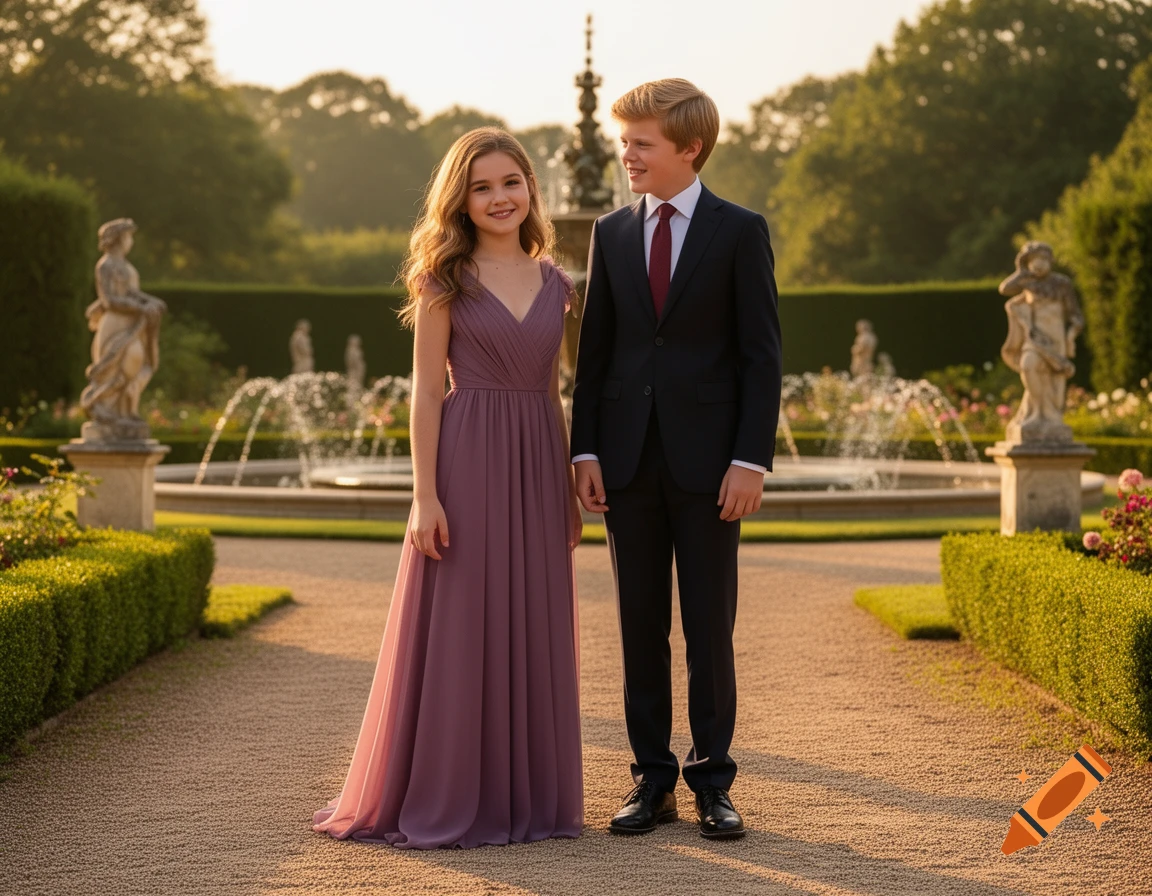 A young girl in a purple dress and a boy in a suit stand in a sunlit formal garden with a fountain and statues.