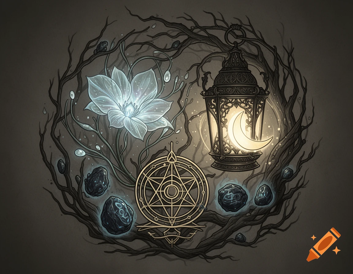 A fantasy tattoo drawing featuring a glowing white flower, a moon lantern with a crescent moon, a golden sigil, and dark glowing stones within a wreath of branches.