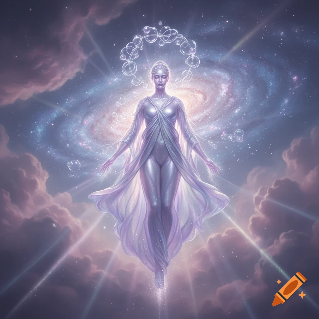 A luminous ethereal figure in a flowing, shimmering gown floats amidst cosmic clouds, with a spiral galaxy in the background and light bubbles around its head.