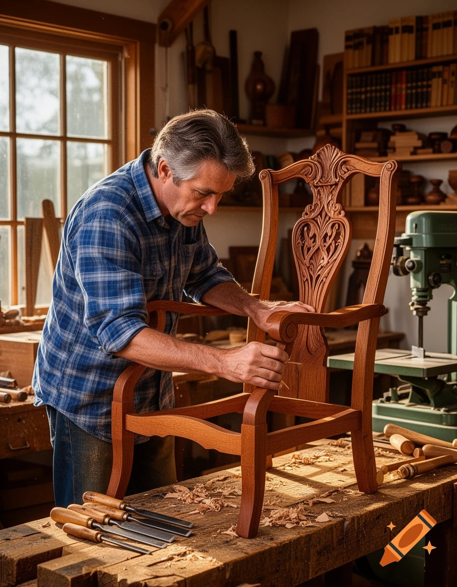A man in a blue plaid shirt meticulously works on carving a wooden chair in a sunlit woodworking shop.