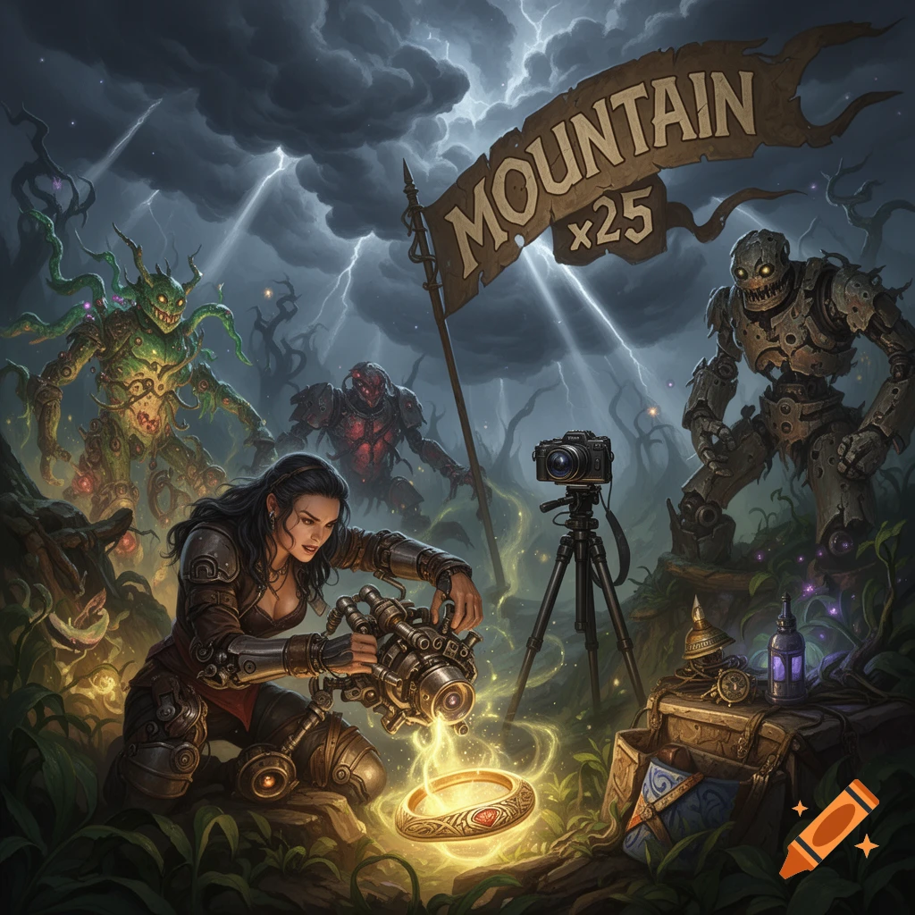 A woman in armor adjusts a device over a glowing ring in a stormy landscape, surrounded by monsters, with a camera on a tripod.