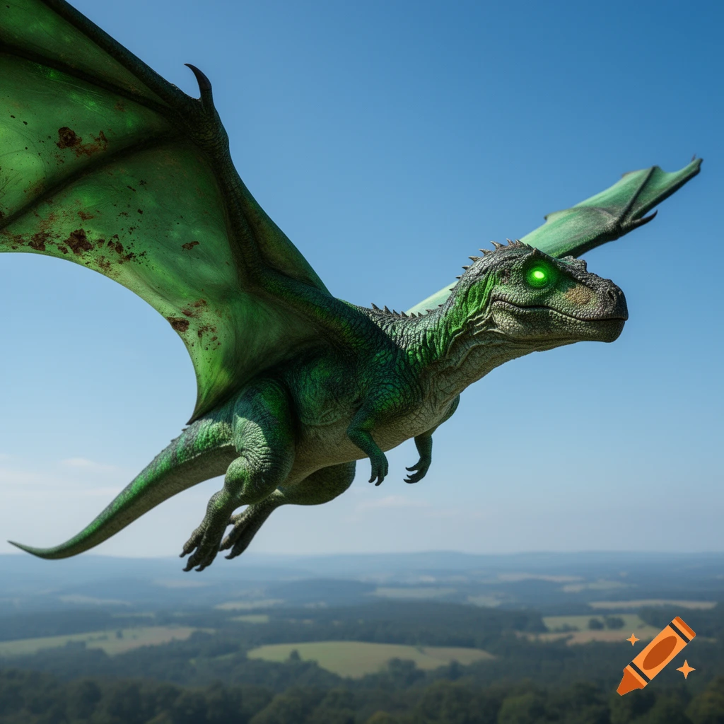 A green flying dinosaur with glowing eyes soars above a forested landscape under a clear blue sky, photorealistic style.