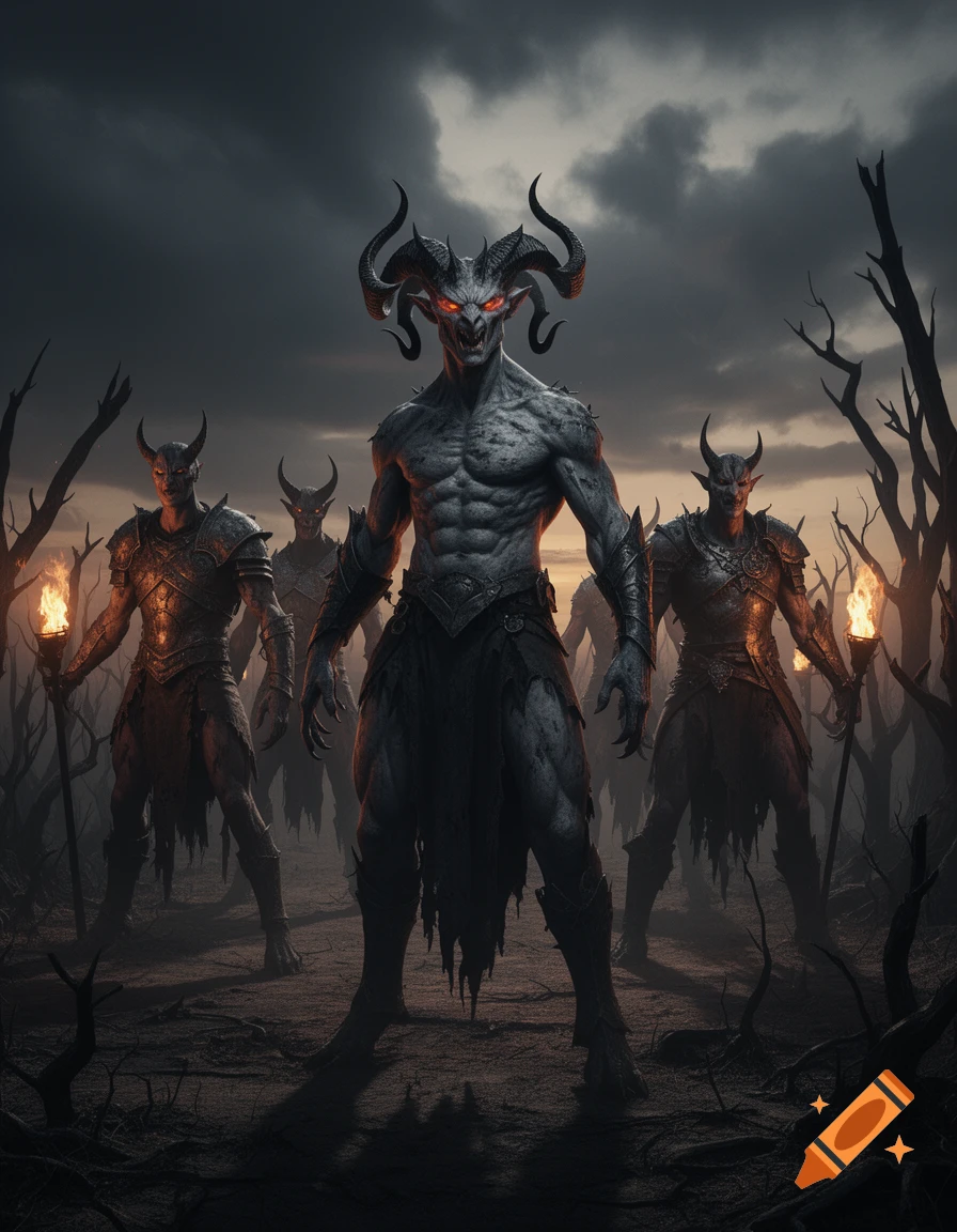 A group of horned, grey-skinned demonic figures with red glowing eyes stand in a desolate, dark landscape under a stormy sky, holding torches.