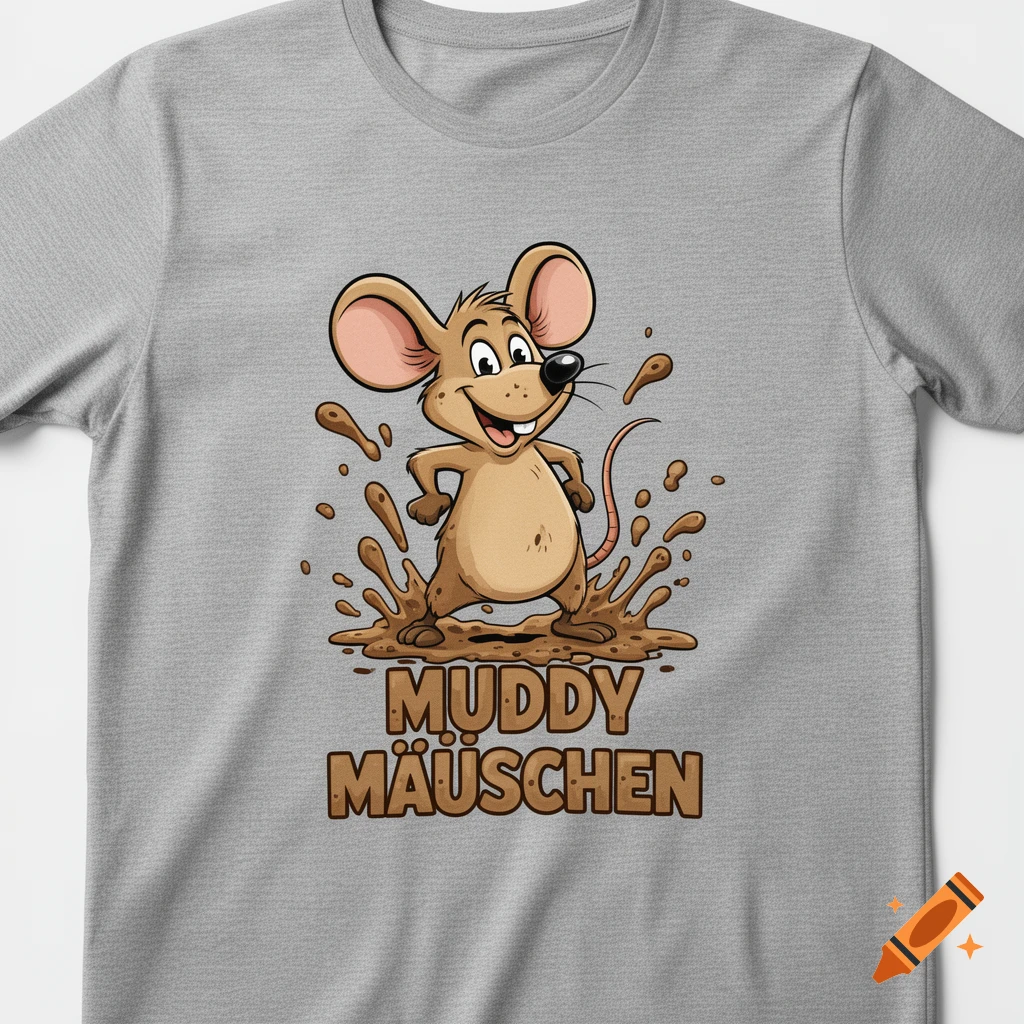 A happy cartoon mouse splashes in mud on a grey t-shirt that reads 'MUDDY MÄUSCHEN'.