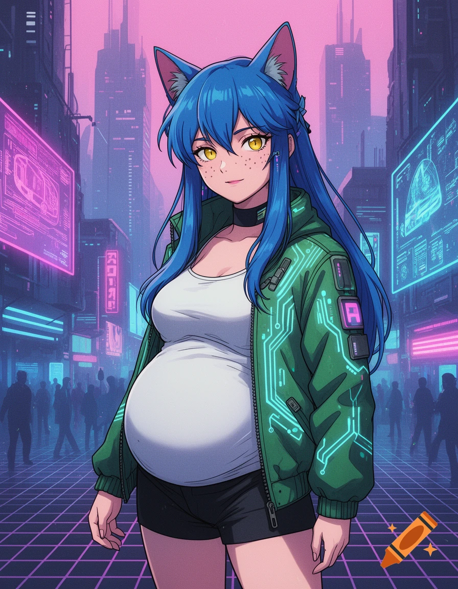 An 80s anime-style cyberpunk cat-girl with blue hair and yellow eyes, wearing a white tank top and green techno jacket, standing pregnant on a neon street.