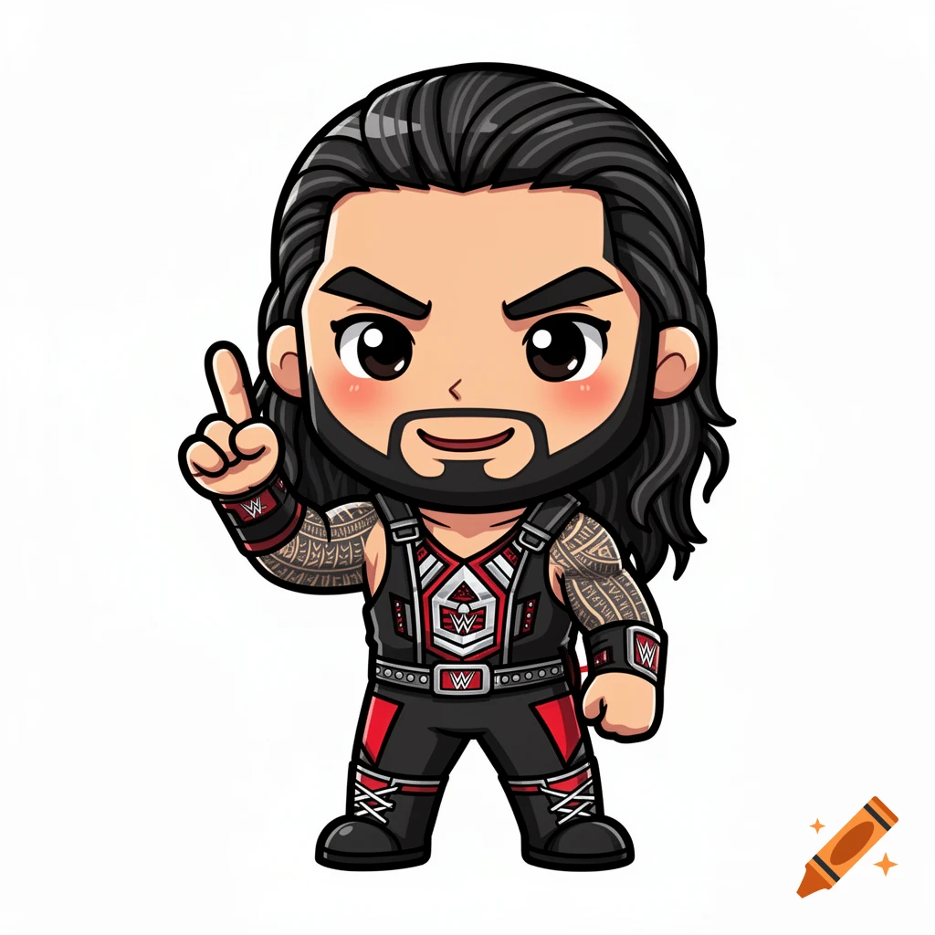 Chibi cartoon of Roman Reigns pointing his index finger up, in a confident 'Acknowledge Me' gesture, on a white background.