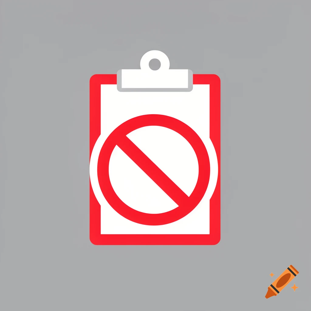 A simple icon depicting a white clipboard with a red 'no' symbol (a circle with a diagonal line through it) on a gray background.