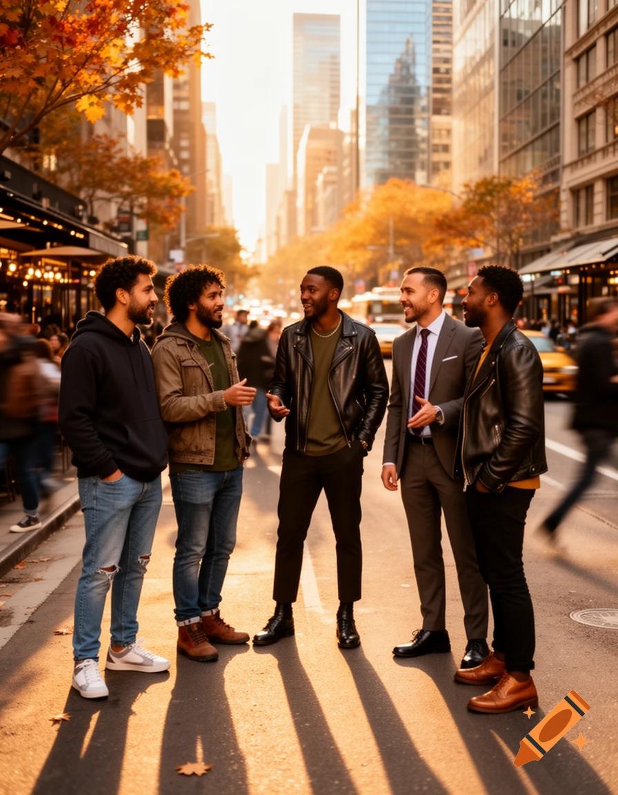 Five men converse on a sunny autumn city street lined with tall buildings and shops, with fall foliage visible.