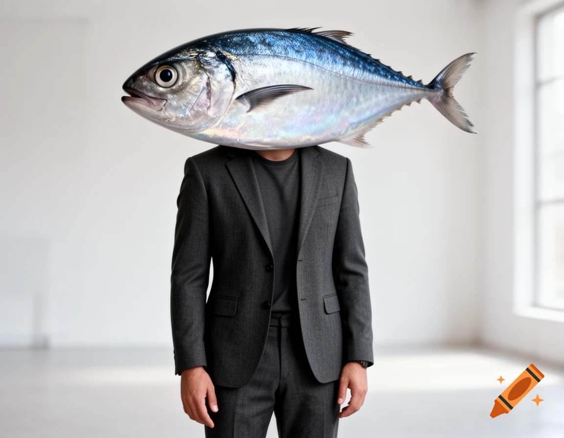 A man in a dark suit stands in a bright, empty room, his head replaced by a large, silvery fish head.