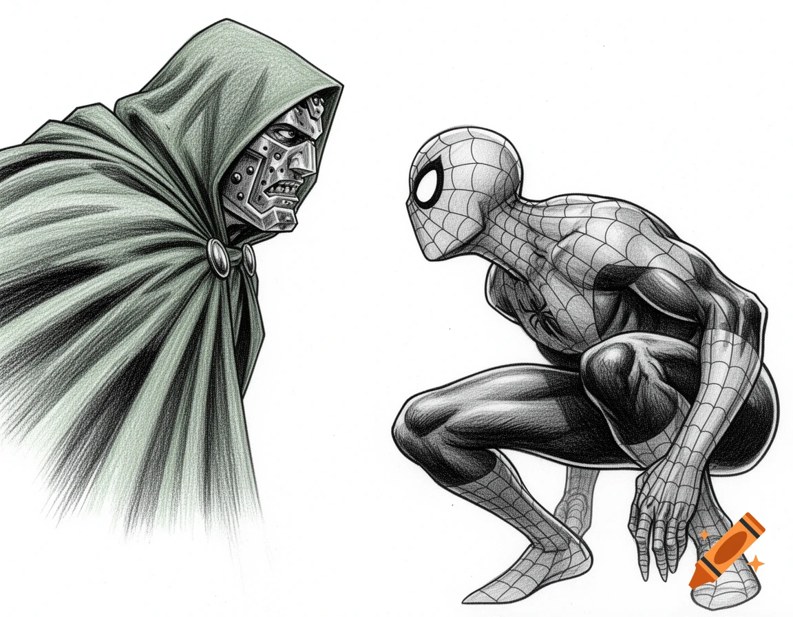 A detailed pencil sketch of Doctor Doom and Spider-Man in a tense standoff, on a white background.