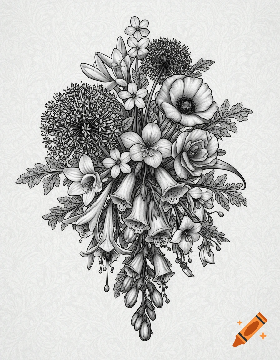Detailed grey and white tattoo design of a floral bouquet featuring various flowers on a patterned background.