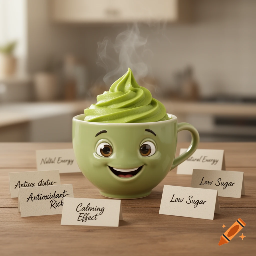 A cute smiling green tea matcha character in a mug, surrounded by cards listing benefits like 'Antioxidant-Rich' and 'Low Sugar', on a wooden table in a kitchen.