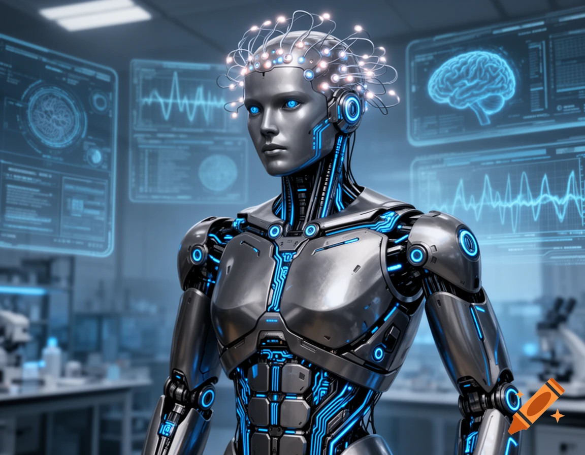 A detailed silver and blue humanoid robot with glowing brain-computer interface wires on its head stands in a futuristic lab with holographic screens showing data.