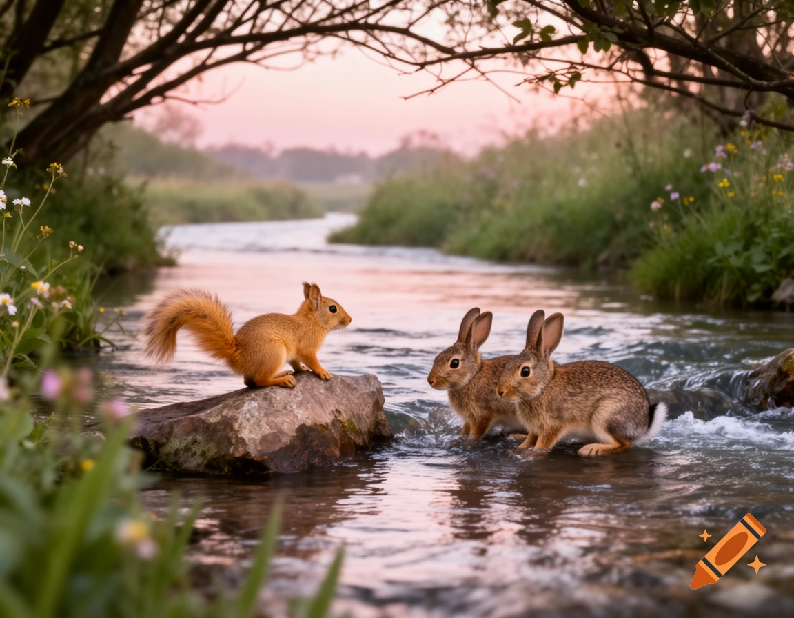 A squirrel perched on a rock and two small bunnies standing in a shallow stream at dawn, surrounded by lush foliage.