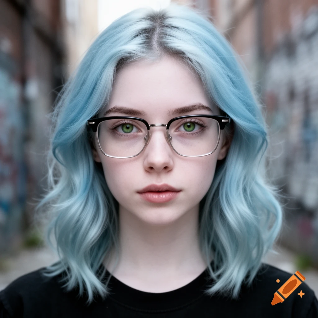 Young woman with light blue hair, green eyes, and black-framed glasses stares forward against a blurred urban background.