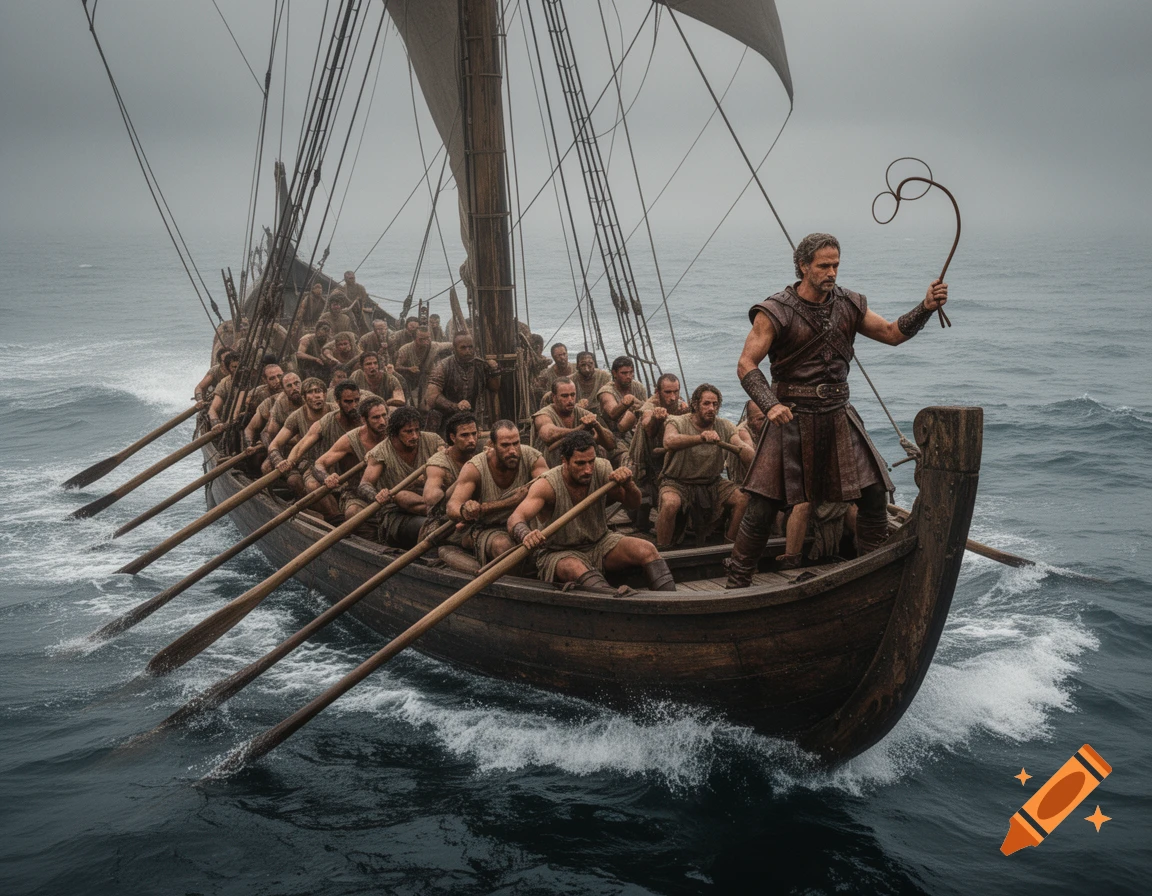 A muscled man in leather armor brandishes a whip, overseeing many rowers in a large ancient galley on a stormy sea. Photorealistic.