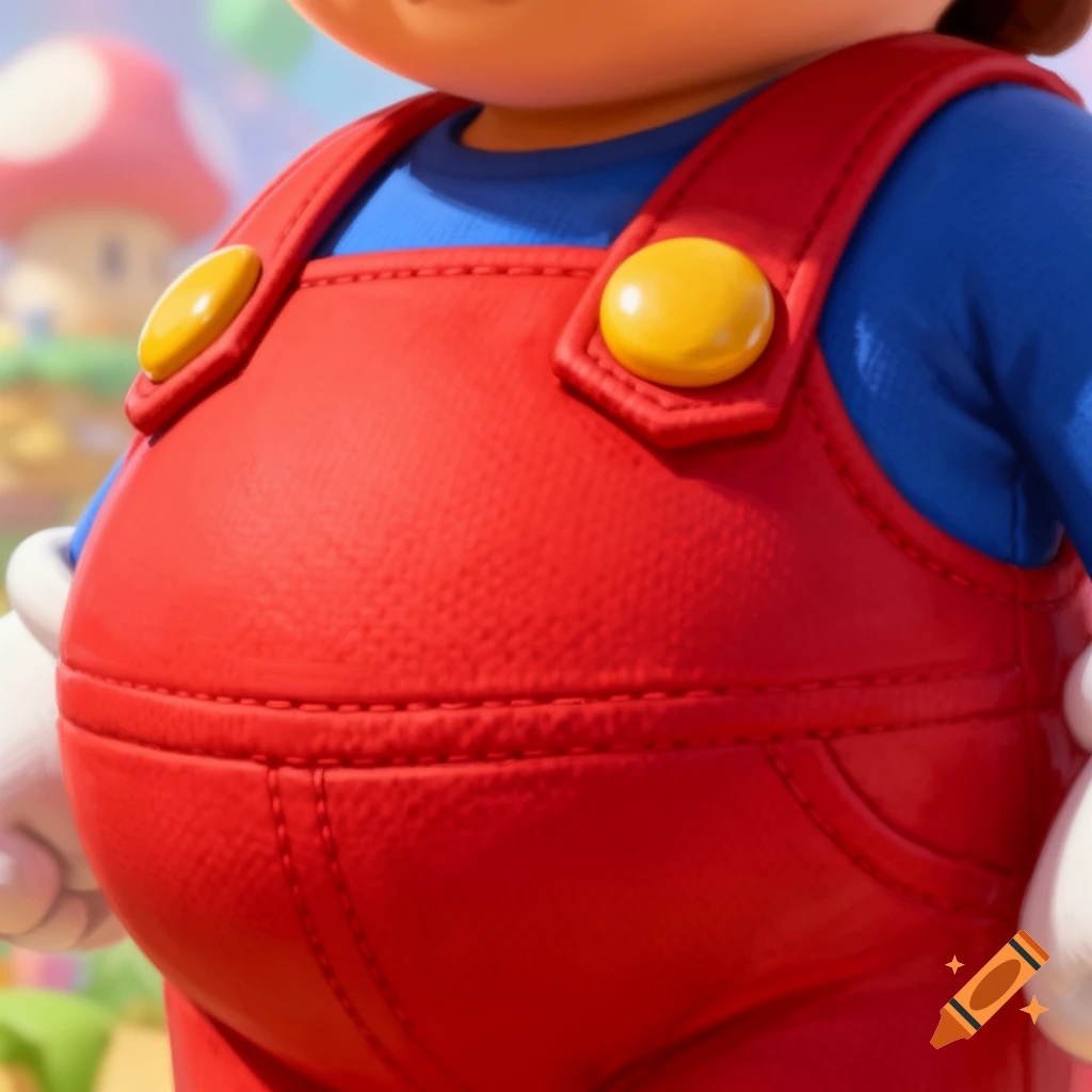 Close-up of Mario's belly, showing his red overalls and blue shirt.