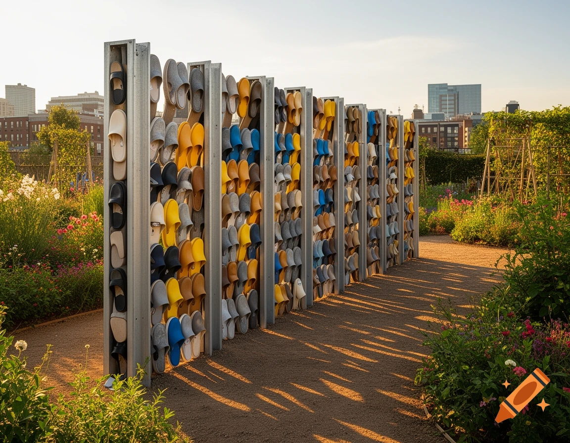 A unique art installation resembling a retaining wall made from colorful slippers, set in a sunny garden path with urban buildings in the background.