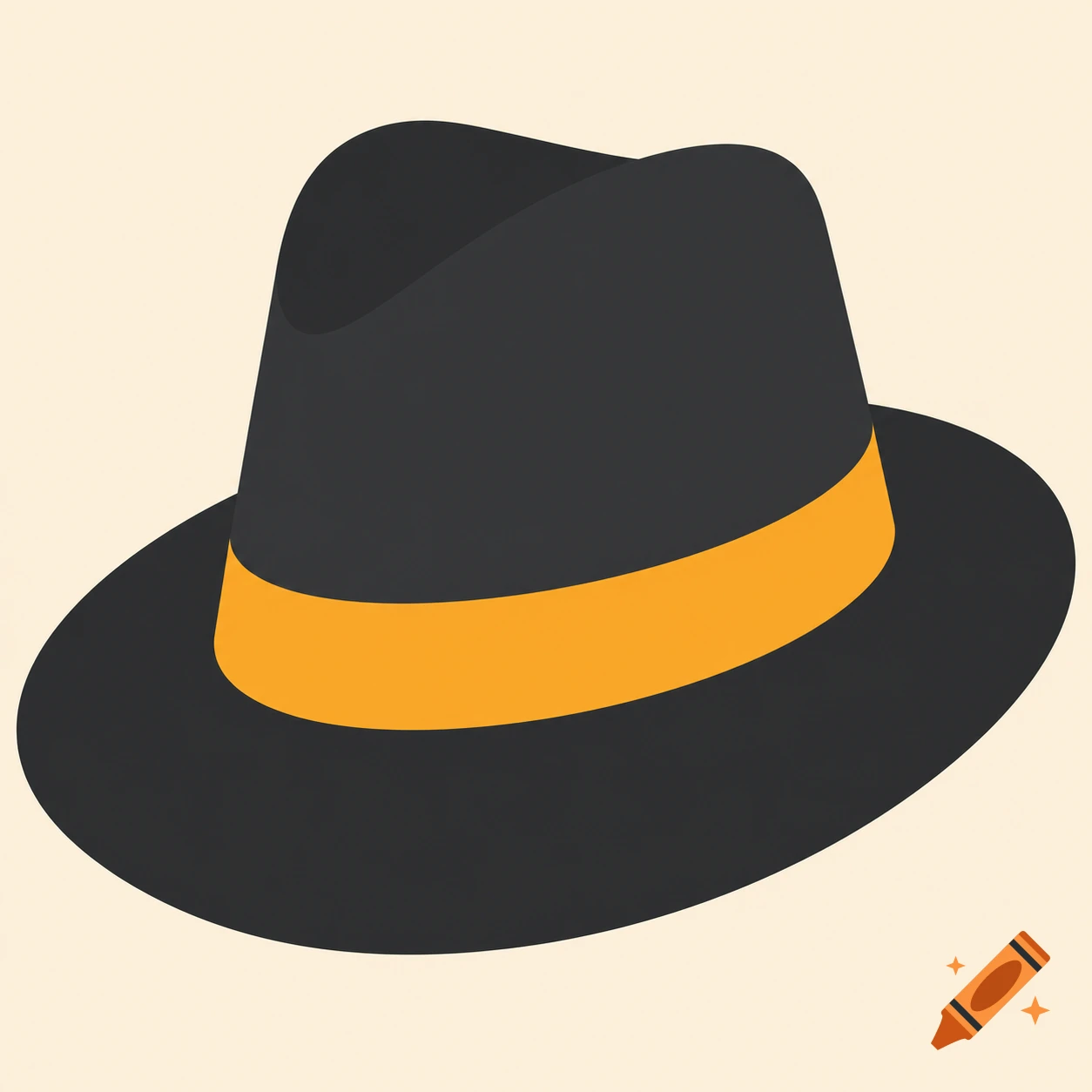 A minimalist flat vector illustration of a dark charcoal fedora hat with a warm amber band on a light beige background.