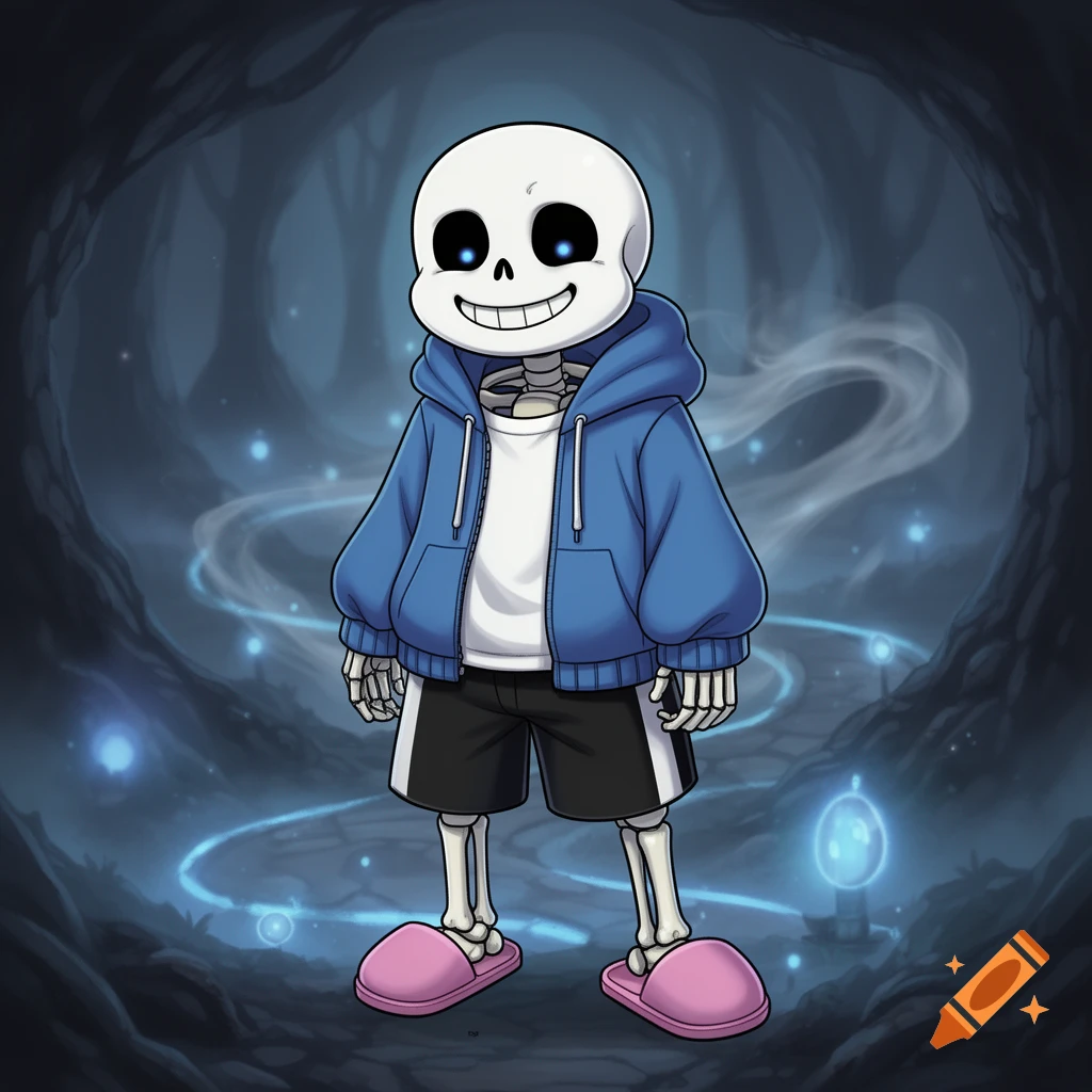 Cartoon-style depiction of Sans from Undertale, a smiling skeleton in a blue hoodie and pink slippers, standing in a magical forest.