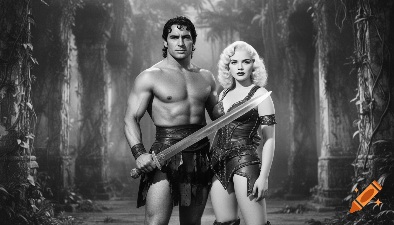 A muscular man with a sword and a blonde woman in leather armor stand in a black and white jungle setting with ruins.