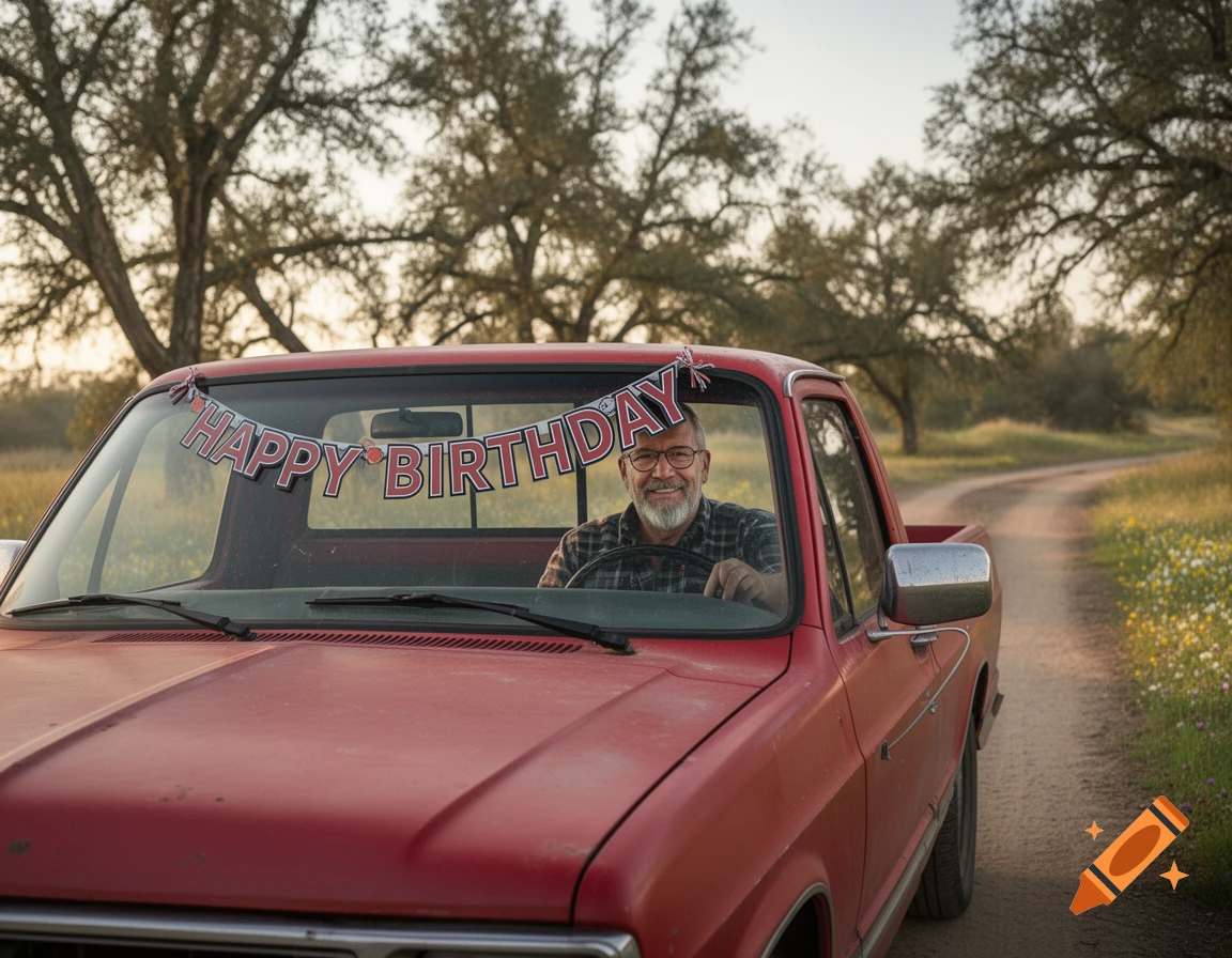 A smiling older man with a beard and glasses sits in a red pickup truck with a "HAPPY BIRTHDAY" banner on the windshield, parked on a dirt road lined with trees.