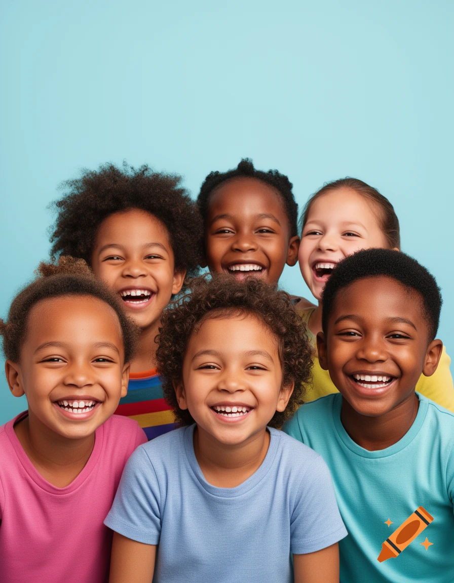 A group of diverse children with big smiles against a solid blue background in a photorealistic portrait.