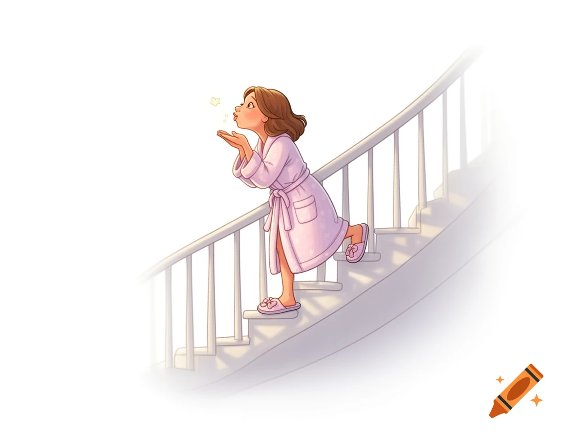 Cartoon illustration of a woman in a pink bathrobe and slippers walking down a curved staircase, blowing a kiss.