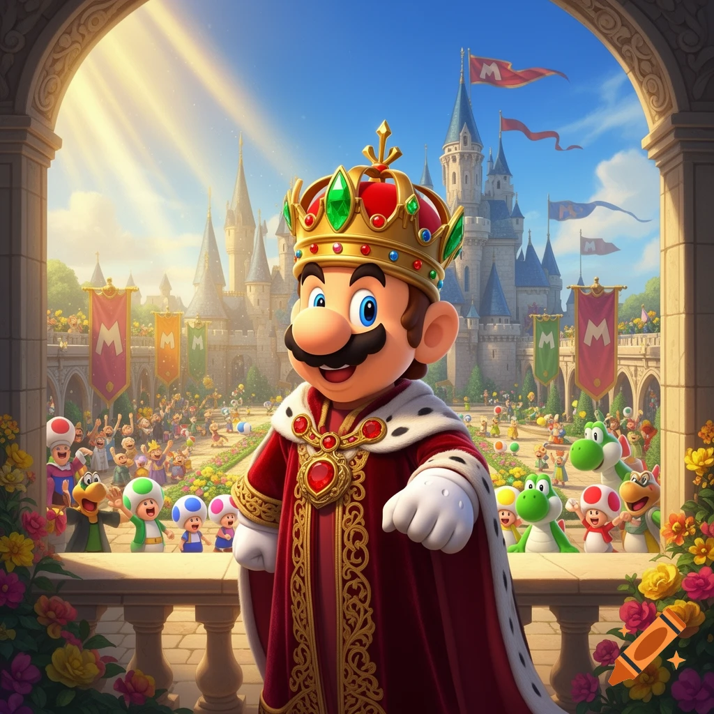 Mario as king, wearing a crown and red robes, stands on a balcony overlooking a vibrant kingdom with a grand castle and cheerful Toads and Yoshis.