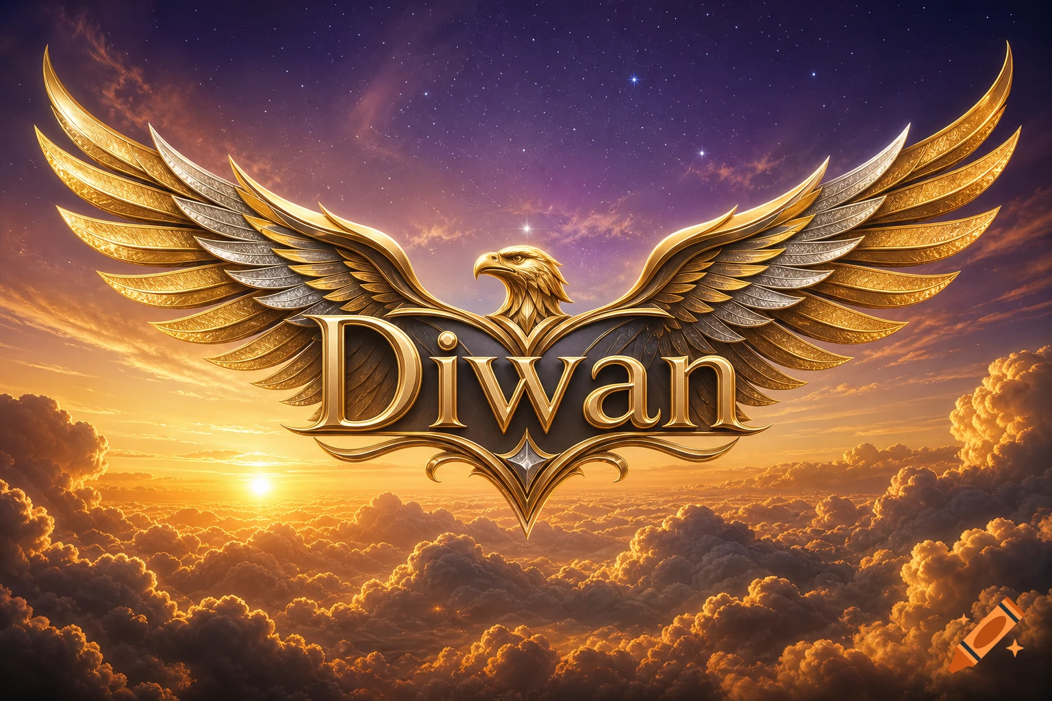 Golden eagle emblem with "Diwan" text and spread wings, set against golden clouds and a starry purple sky.