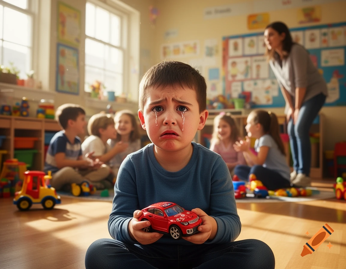 A crying young boy holding a red toy car sits on the floor in a sunny classroom, with other children and a teacher in the background.