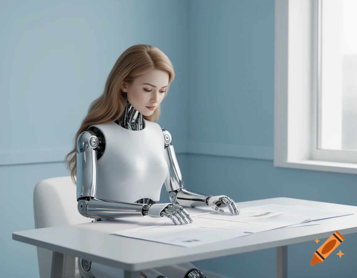 Photorealistic robot woman with long blonde hair and metallic arms sits at a desk, looking at papers in a light blue room.