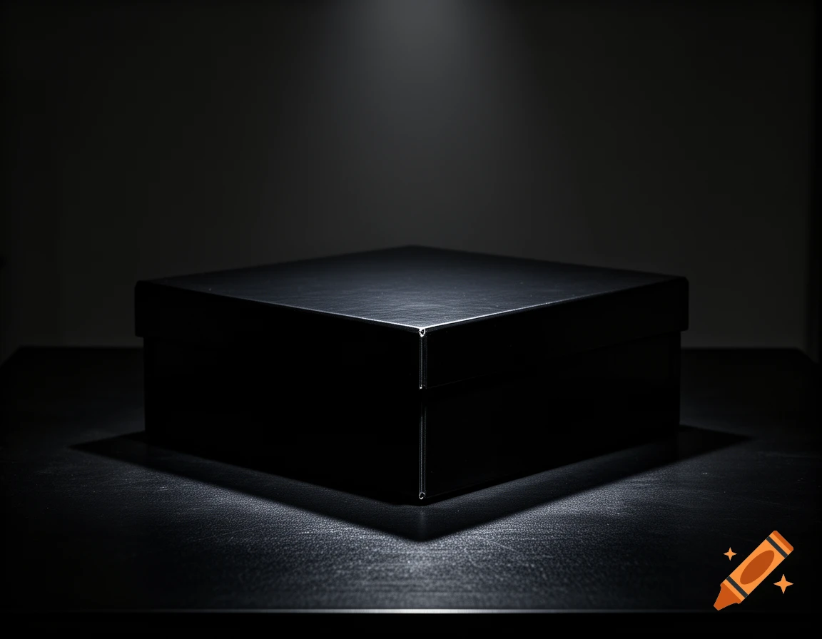 A black closed box sits on a dark table, illuminated by dim overhead lighting, creating strong shadows.