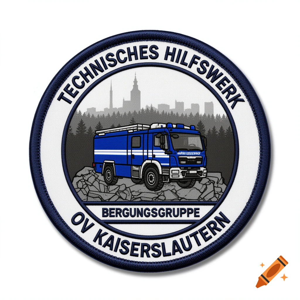 A circular embroidered tactical patch for the German Federal Agency for Technical Relief (THW), featuring a blue rescue truck on rubble, a city skyline, and forest in the background. Text reads "TECHNISCHES HILFSWERK", "OV KAISERSLAUTERN", and "BERGUNGSGRUPPE".